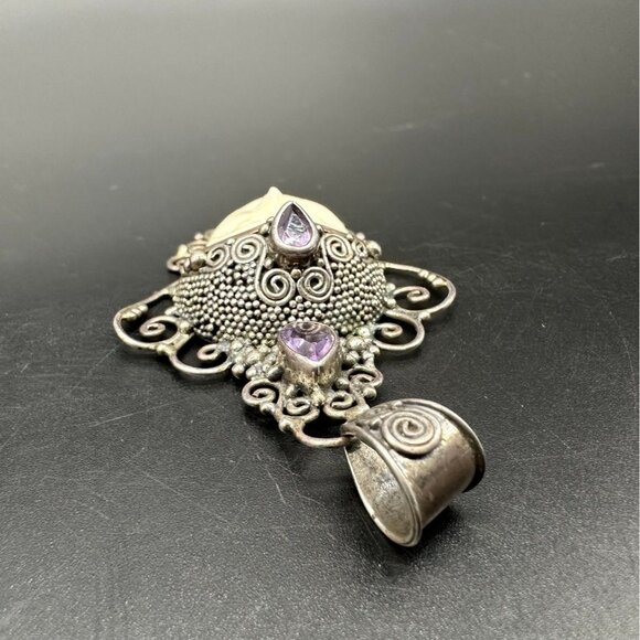 Sterling Silver Pendant Carved Goddess Face Purple Rhinestone Filigree Statement - Picture 3 of 9